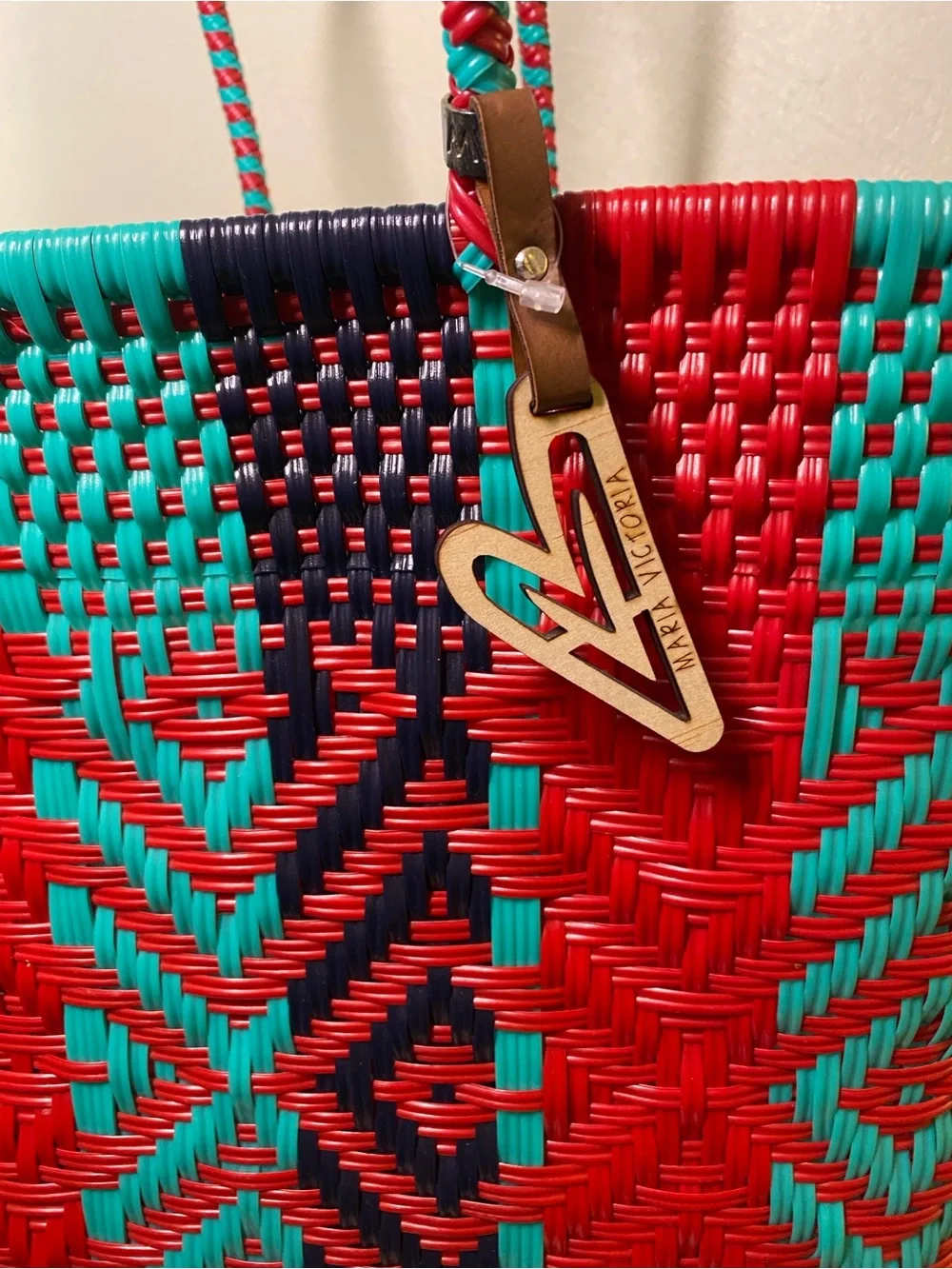 Maria Victoria Braided Geometric Tote in Red, Teal & Black